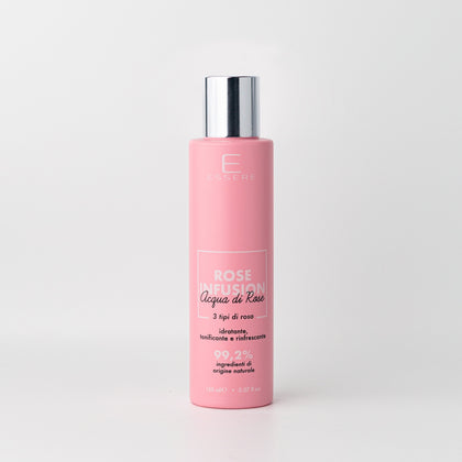 Essere Bio Rose Infusion acqua di rose Be Beauty 150 ml, flacone rosa, vista frontale su fondo chiaro