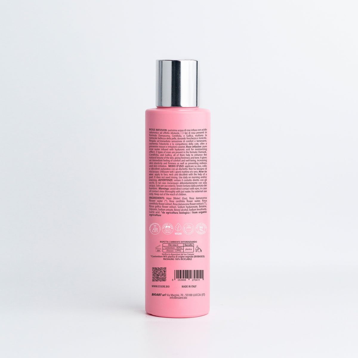 Back of the Essere Bio Rose Infusion 150 ml bottle with INCI and 99.2% natural origin ingredients