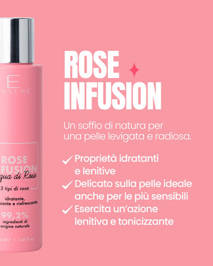 Rose Infusion by Essere Bio benefits card: toning, hydrating, soothing rose water for the face