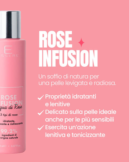 Scheda benefici di Rose Infusion Essere Bio: acqua di rose tonificante, idratante e lenitiva per il viso