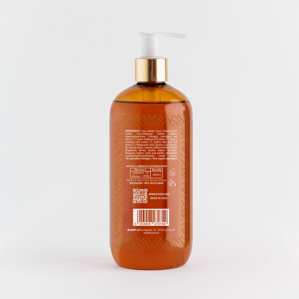 Back of the Essere Bio Gentle Hand Soap 500 ml with INCI and natural origin ingredients, Be Hands line