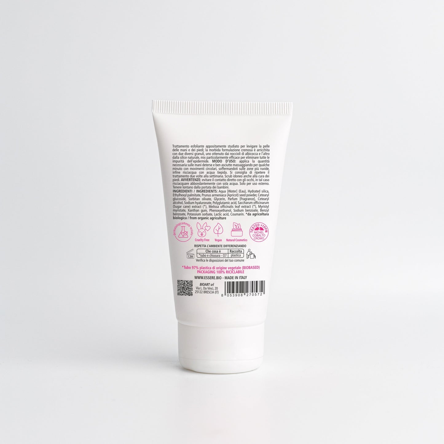 Retro dello Scrub Mani Essere Bio 75 ml con INCI e ingredienti di origine naturale, linea Be Hands