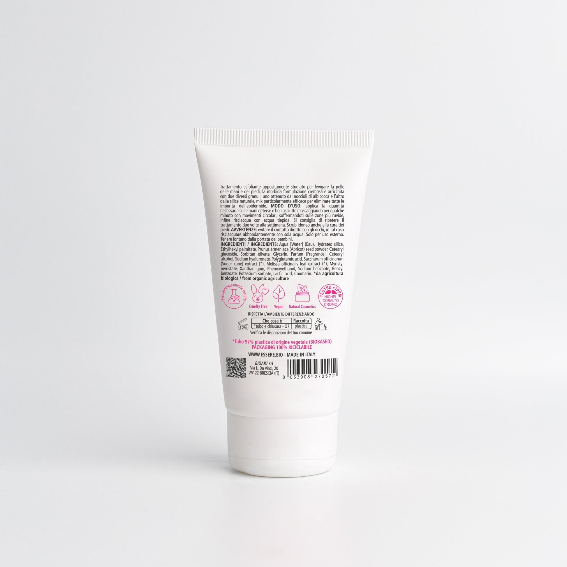 Retro dello Scrub Mani Essere Bio 75 ml con INCI e ingredienti di origine naturale, linea Be Hands