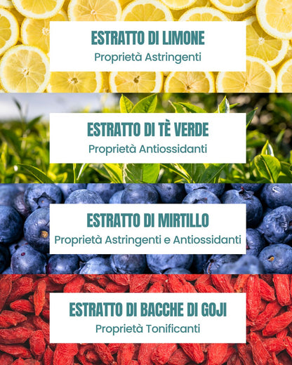 Attivi dello Shampoo Antiossidante Essere Bio: limone astringente, tè verde e mirtillo antiossidanti, bacche di goji toniche
