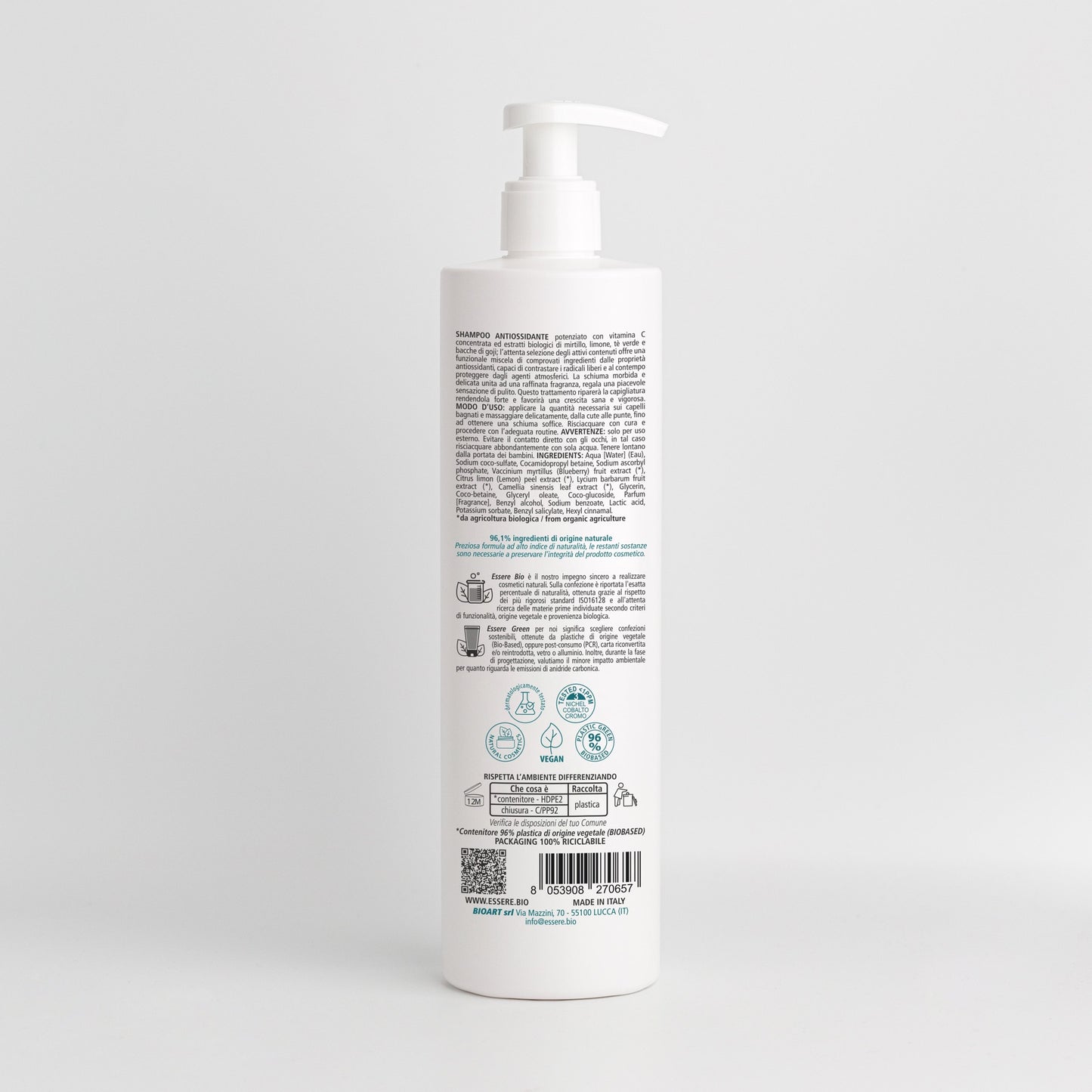 Retro dello Shampoo Antiossidante Vitamina C Essere Bio 500 ml con INCI e ingredienti di origine naturale, Be Hair Mazing