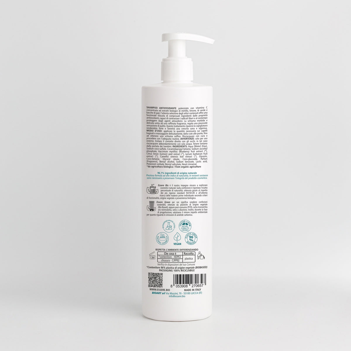 Back of the Essere Bio Vitamin C Antioxidant Shampoo 500 ml with INCI and natural origin ingredients, Be Hair Mazing
