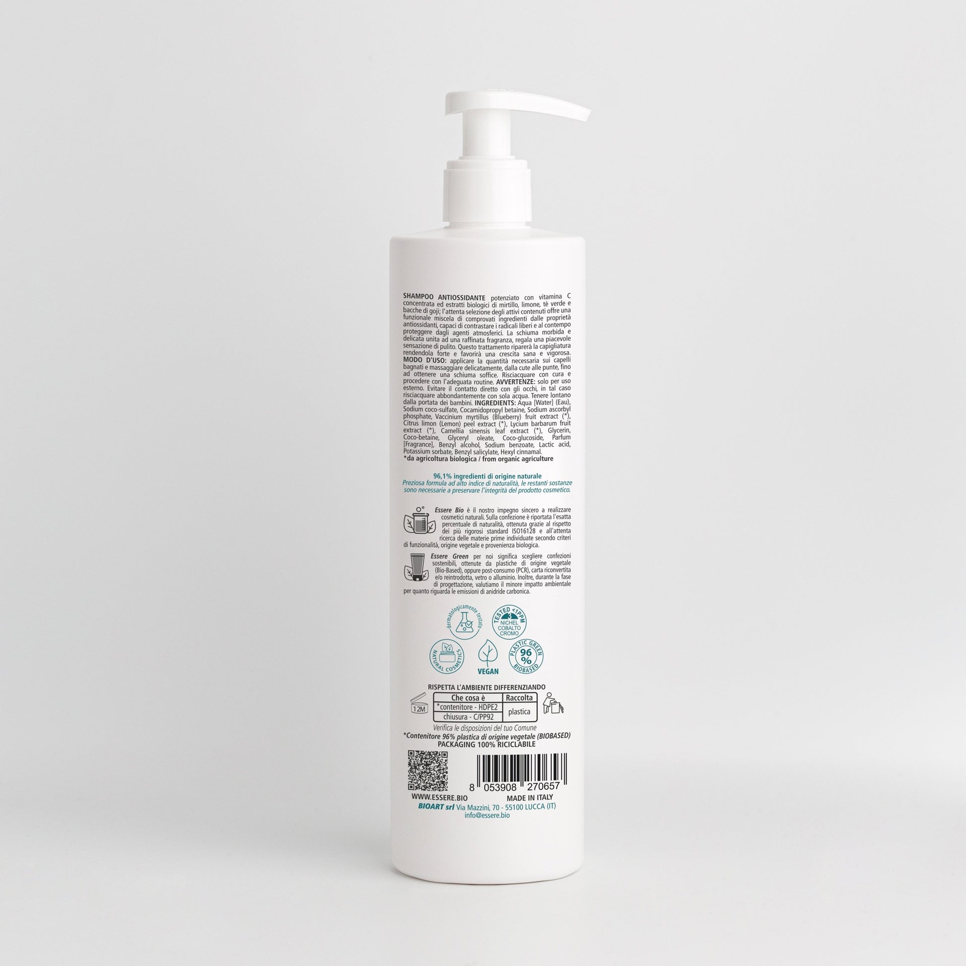 Retro dello Shampoo Antiossidante Vitamina C Essere Bio 500 ml con INCI e ingredienti di origine naturale, Be Hair Mazing