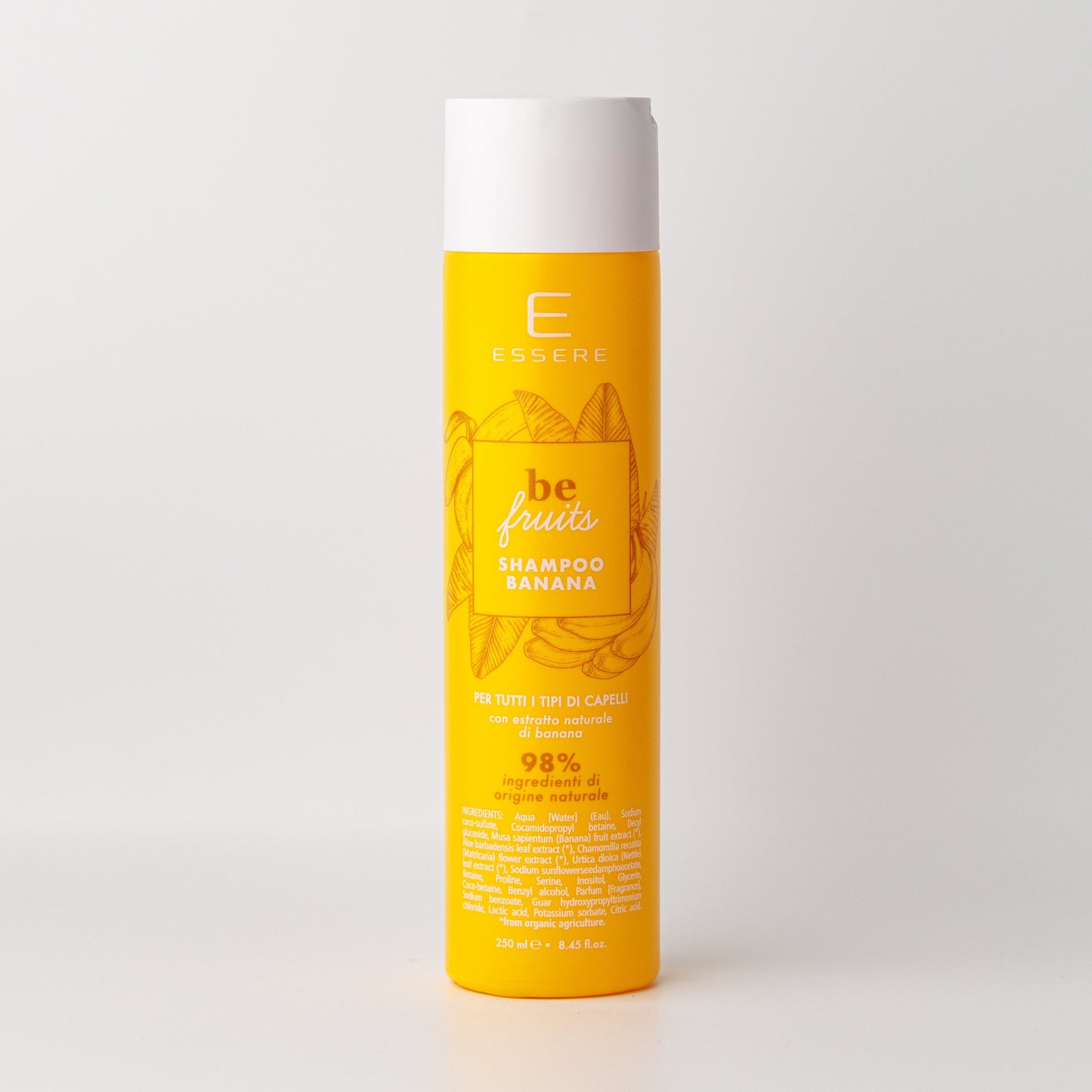 Essere Bio Shampoo Banana Be Fruit 250 ml, flacone giallo con 98% di ingredienti di origine naturale, fronte