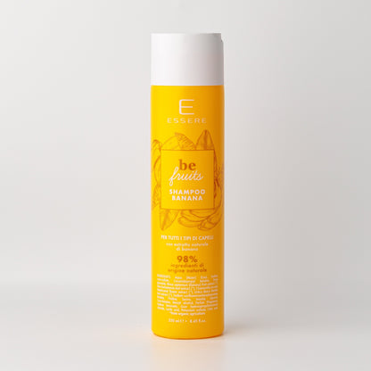 Essere Bio Shampoo Banana Be Fruit 250 ml, flacone giallo con 98% di ingredienti di origine naturale, fronte