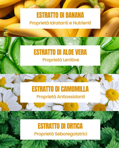 Attivi dello Shampoo Banana Essere Bio: banana idratante, aloe lenitiva, camomilla antiossidante e ortica seboregolatrice