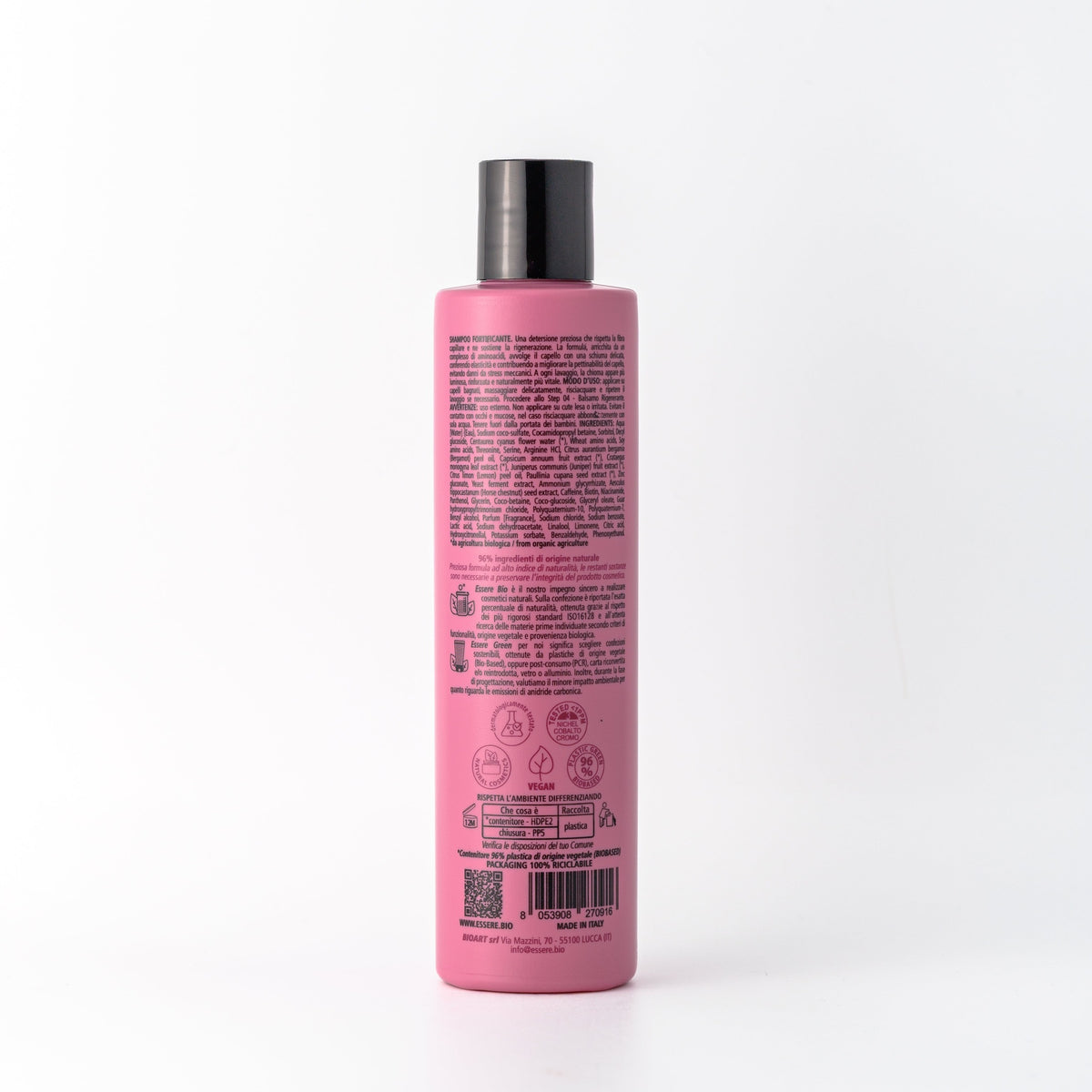 Back of the Essere Bio Strengthening Shampoo 250 ml with INCI and natural origin ingredients, Be Perfect Repair line