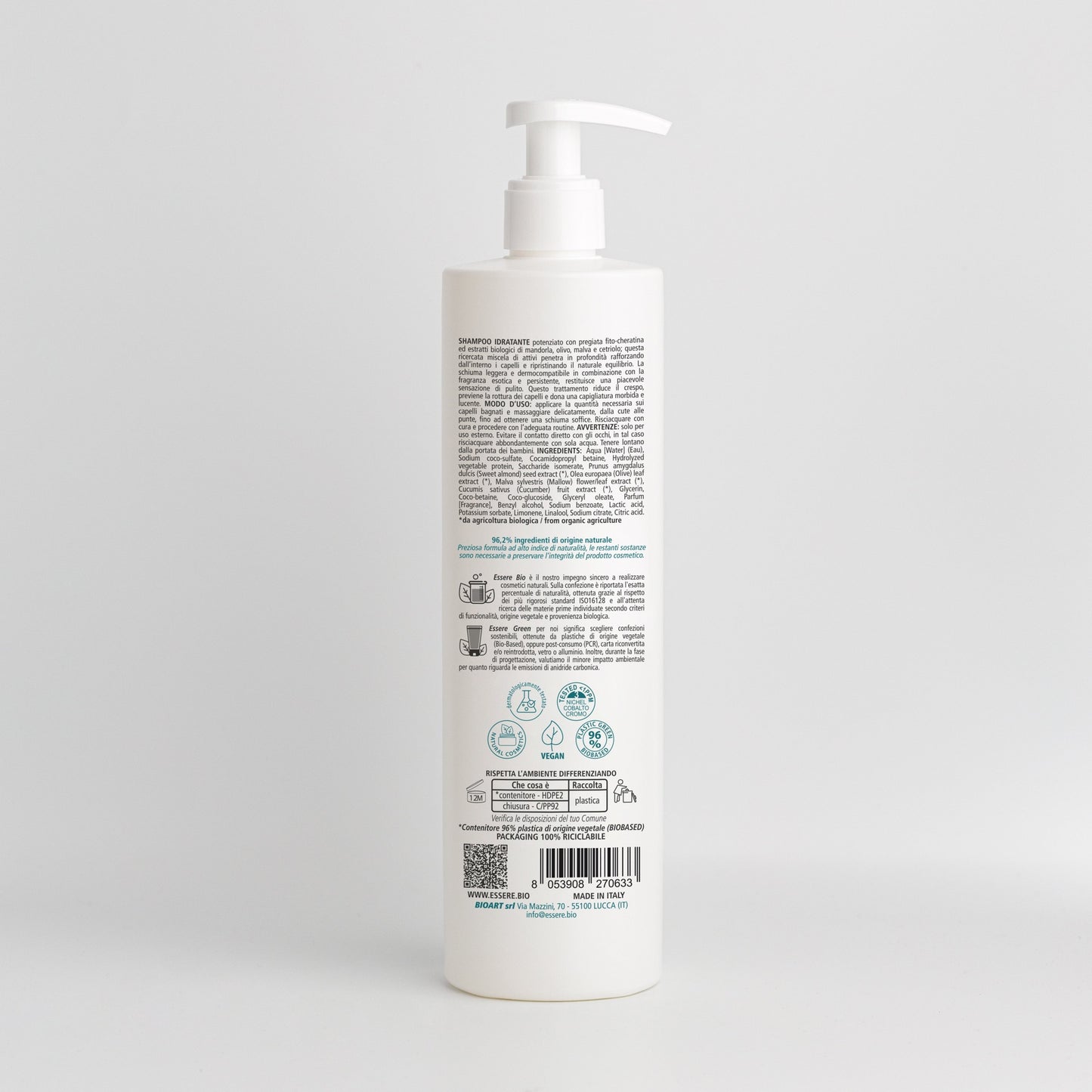 Retro dello Shampoo Idratante Fito-Cheratina Essere Bio 500 ml con INCI e ingredienti di origine naturale, Be Hair Mazing