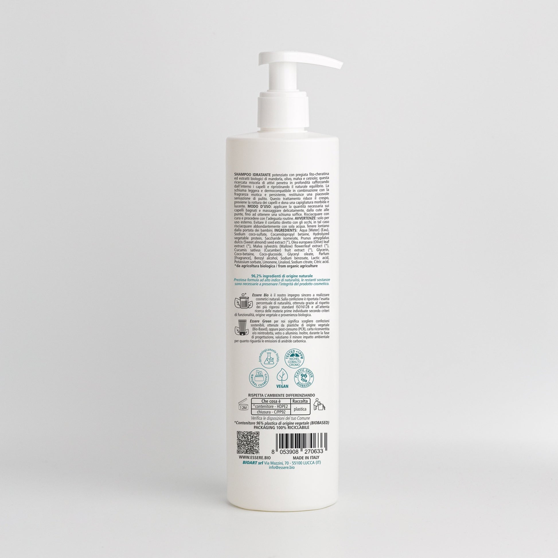 Retro dello Shampoo Idratante Fito-Cheratina Essere Bio 500 ml con INCI e ingredienti di origine naturale, Be Hair Mazing