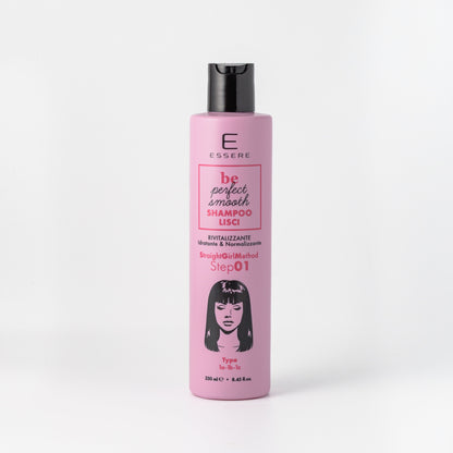 Essere Bio Shampoo Lisci Rivitalizzante 250 ml, flacone rosa della linea Be Perfect Smooth, vista frontale