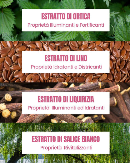 Attivi dello Shampoo Lisci Essere Bio: estratto di lino districante ed estratto di liquirizia illuminante