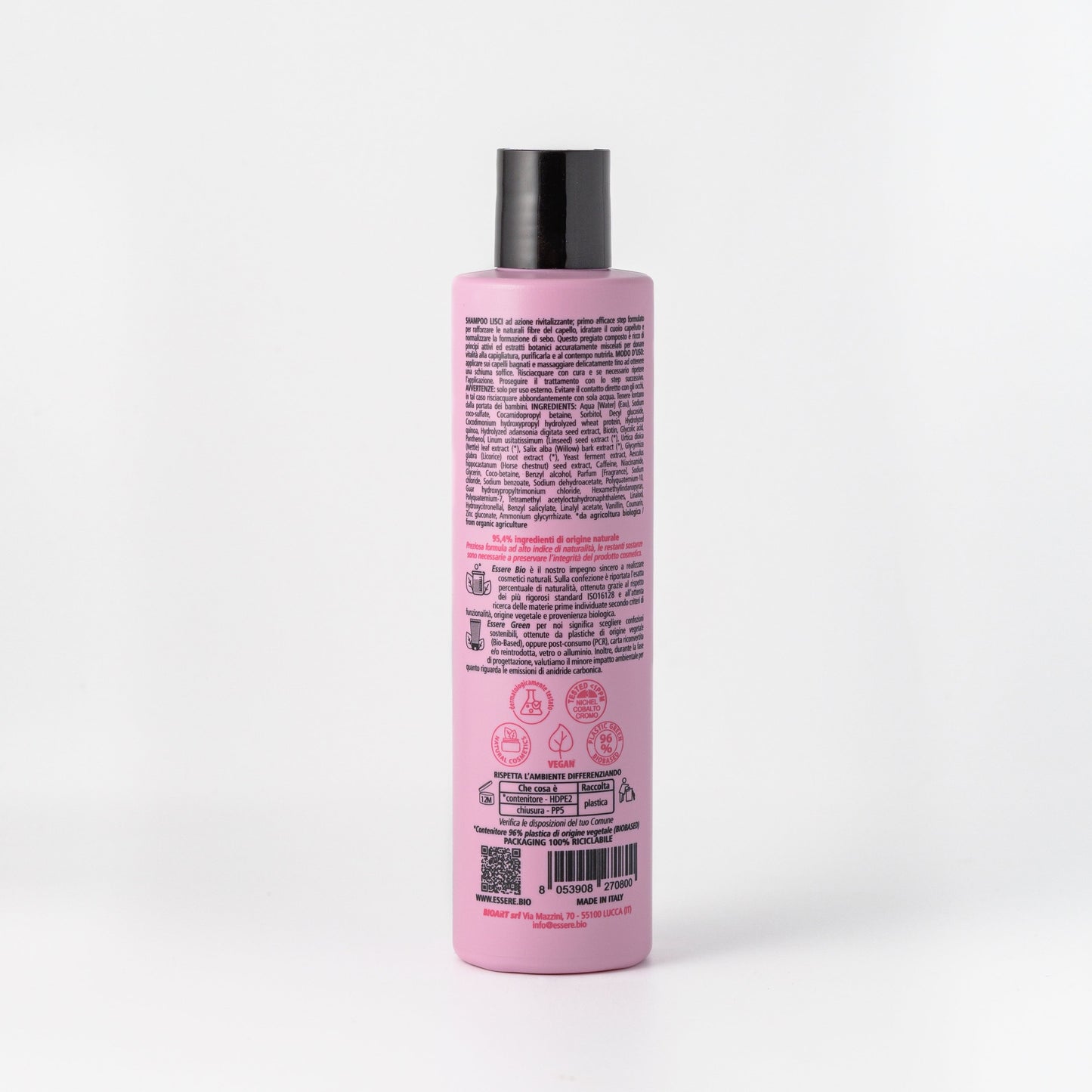 Retro dello Shampoo Lisci Rivitalizzante Essere Bio 250 ml con INCI e ingredienti di origine naturale