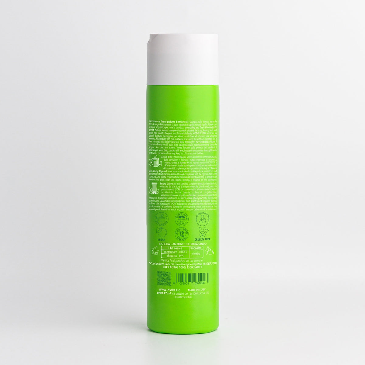 Back of the Essere Bio Be Fruit Green Apple Shampoo 250 ml with INCI and natural origin ingredients