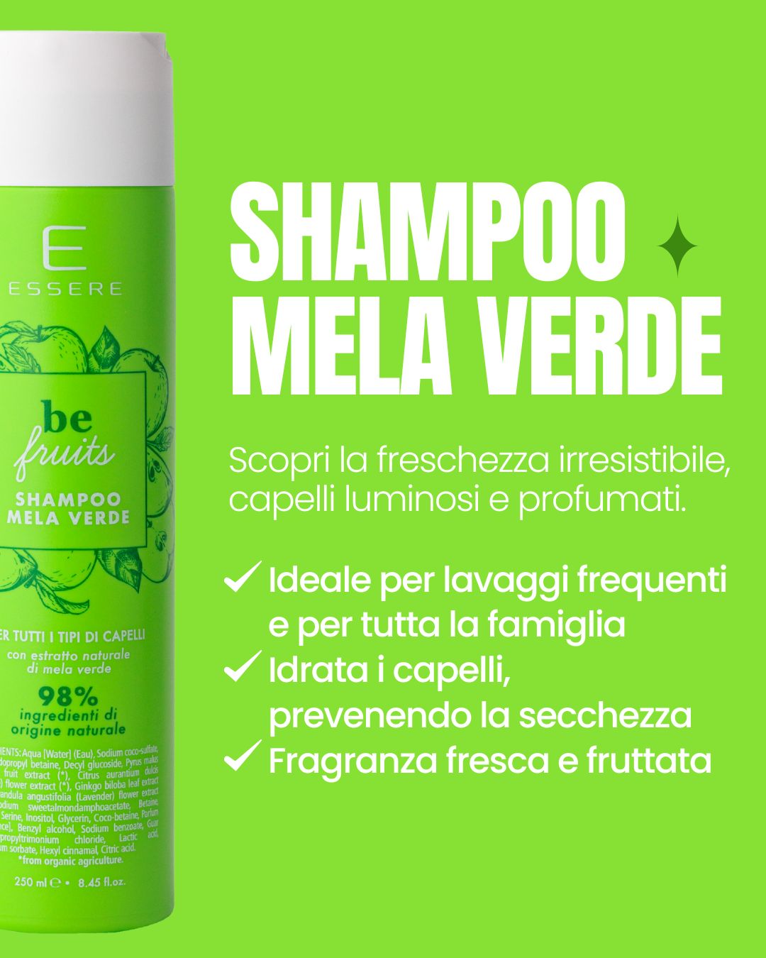 Essere Bio Be Fruit Green Apple Shampoo benefits: ideal for frequent washing, shiny hair, fruity fragrance
