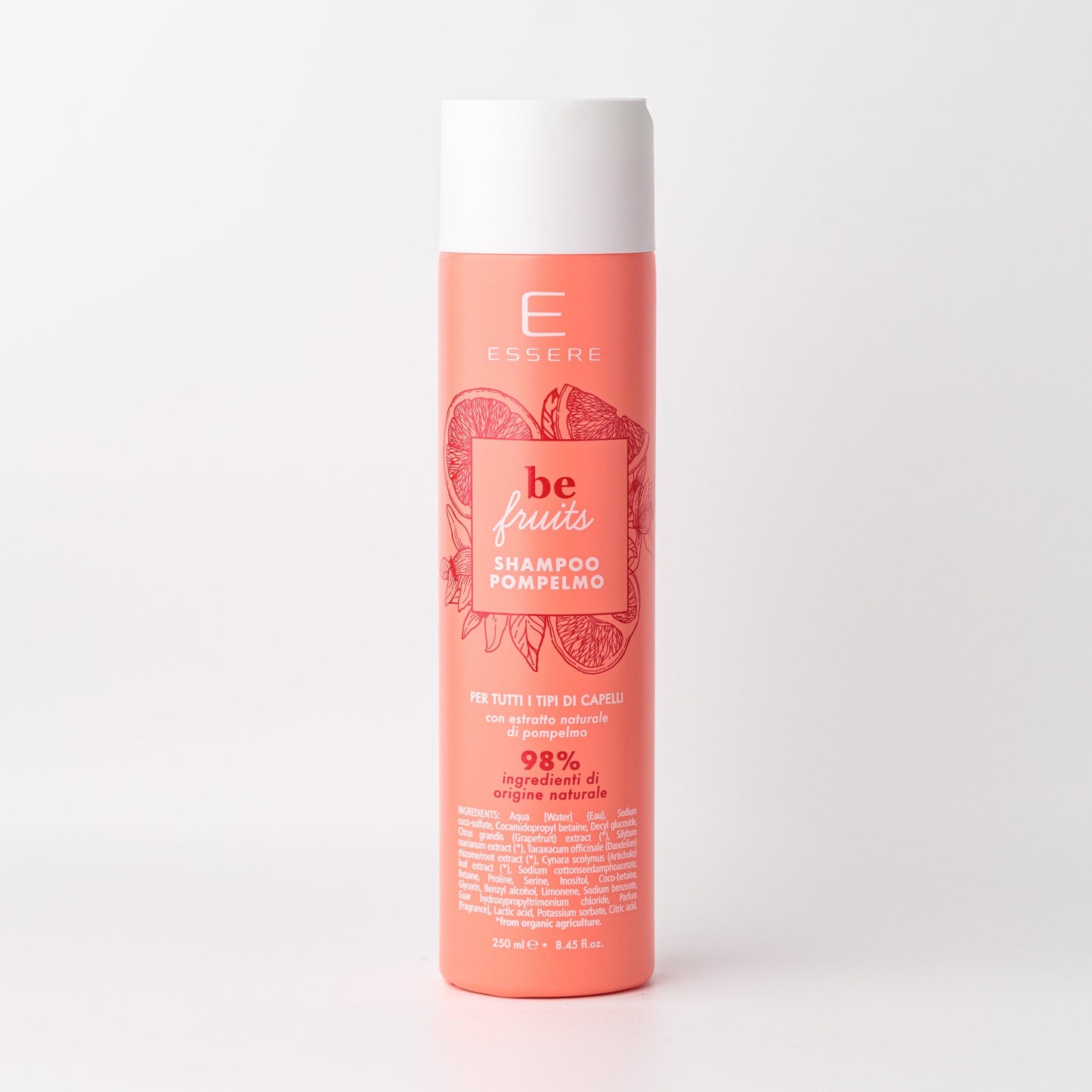 Essere Bio Shampoo Pompelmo Be Fruit 250 ml, flacone corallo con 98% di ingredienti di origine naturale, fronte