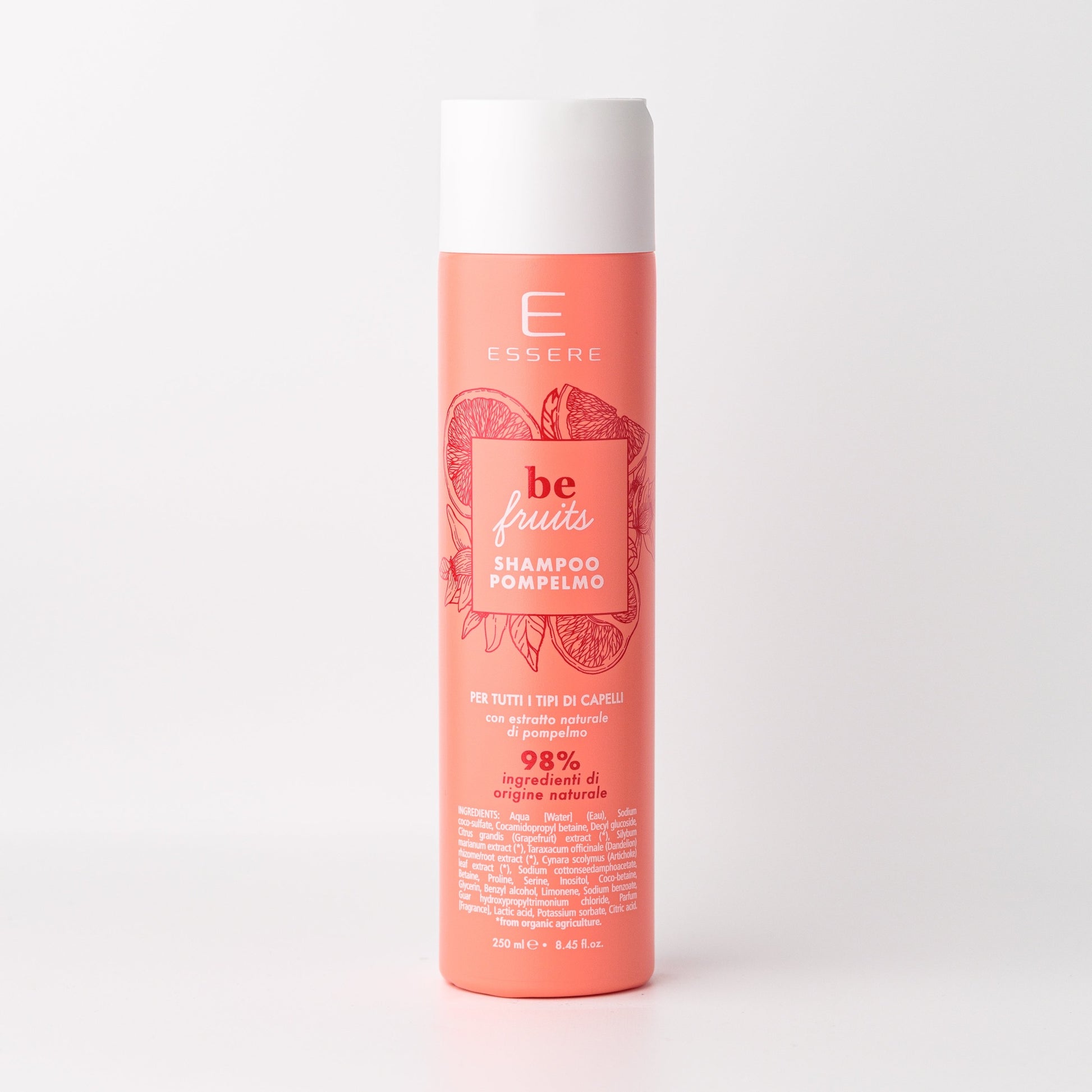 Essere Bio Shampoo Pompelmo Be Fruit 250 ml, flacone corallo con 98% di ingredienti di origine naturale, fronte