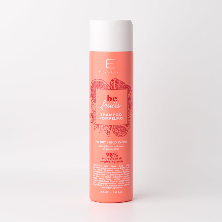 Essere Bio Shampoo Pompelmo Be Fruit 250 ml, flacone corallo con 98% di ingredienti di origine naturale, fronte