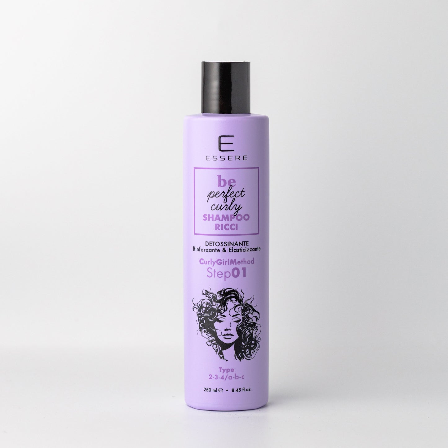 Essere Bio Shampoo Ricci Detossinante 250 ml, flacone lilla della linea Be Perfect Curly, vista frontale