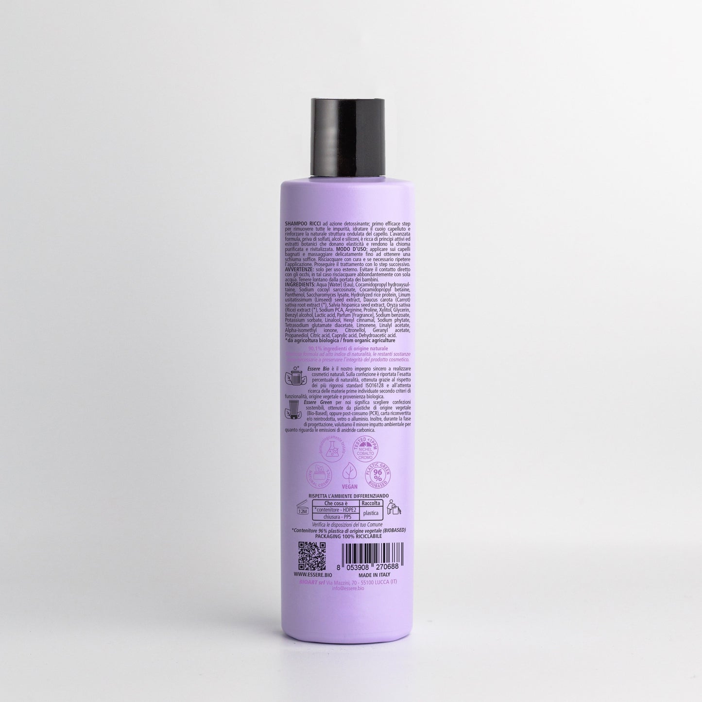 Retro dello Shampoo Ricci Detossinante Essere Bio 250 ml con INCI e ingredienti di origine naturale