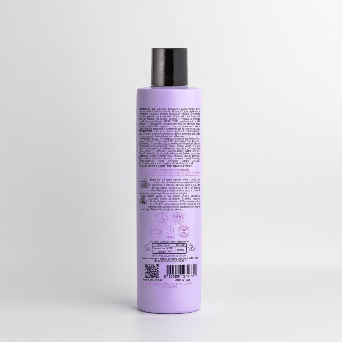 Back of the Essere Bio Detox Curly Hair Shampoo 250 ml with INCI and natural origin ingredients