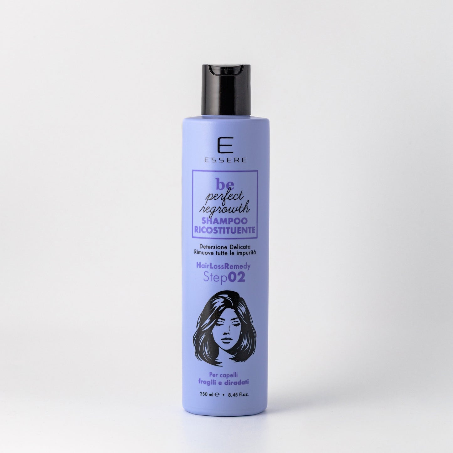 Essere Bio Shampoo Ricostituente 250 ml, flacone Be Perfect Regrowth per capelli fragili e diradati, vista frontale
