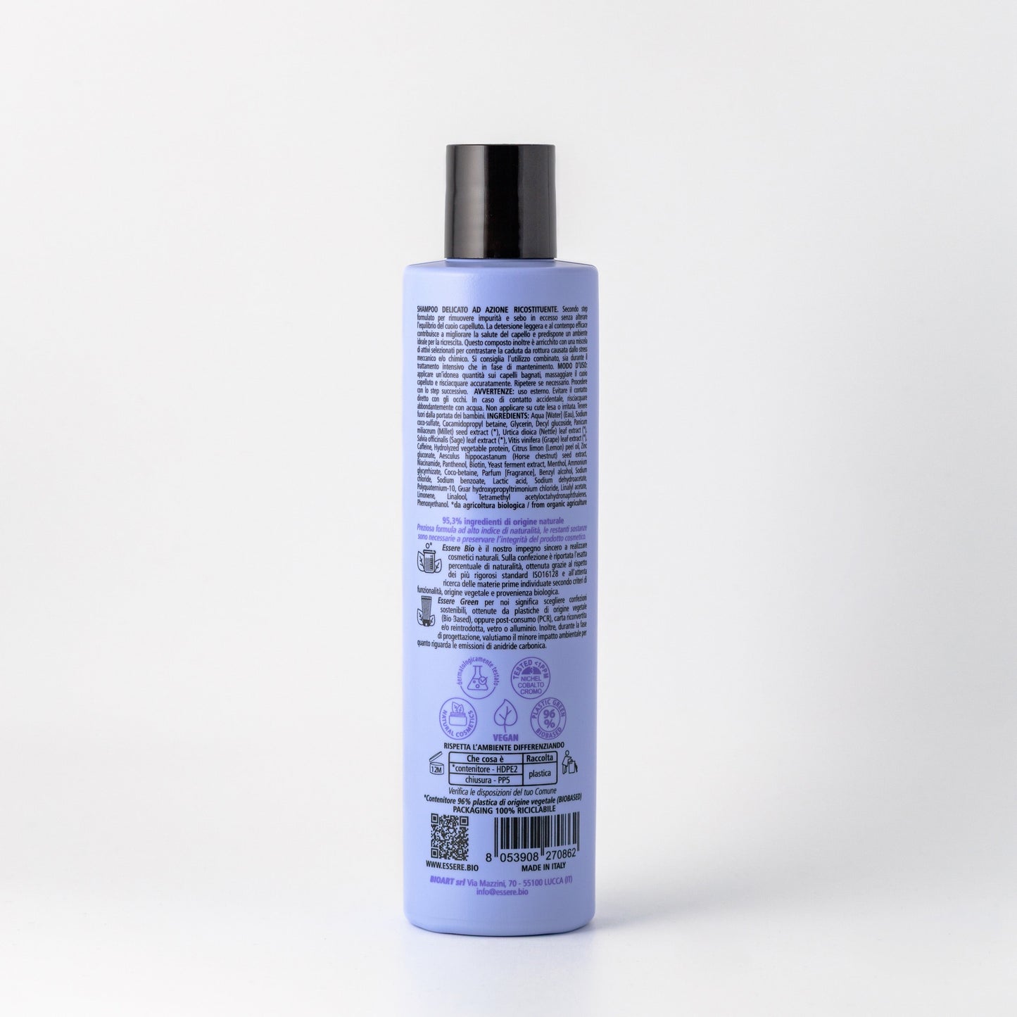 Retro dello Shampoo Ricostituente Essere Bio 250 ml con INCI e ingredienti di origine naturale, linea Be Perfect Regrowth
