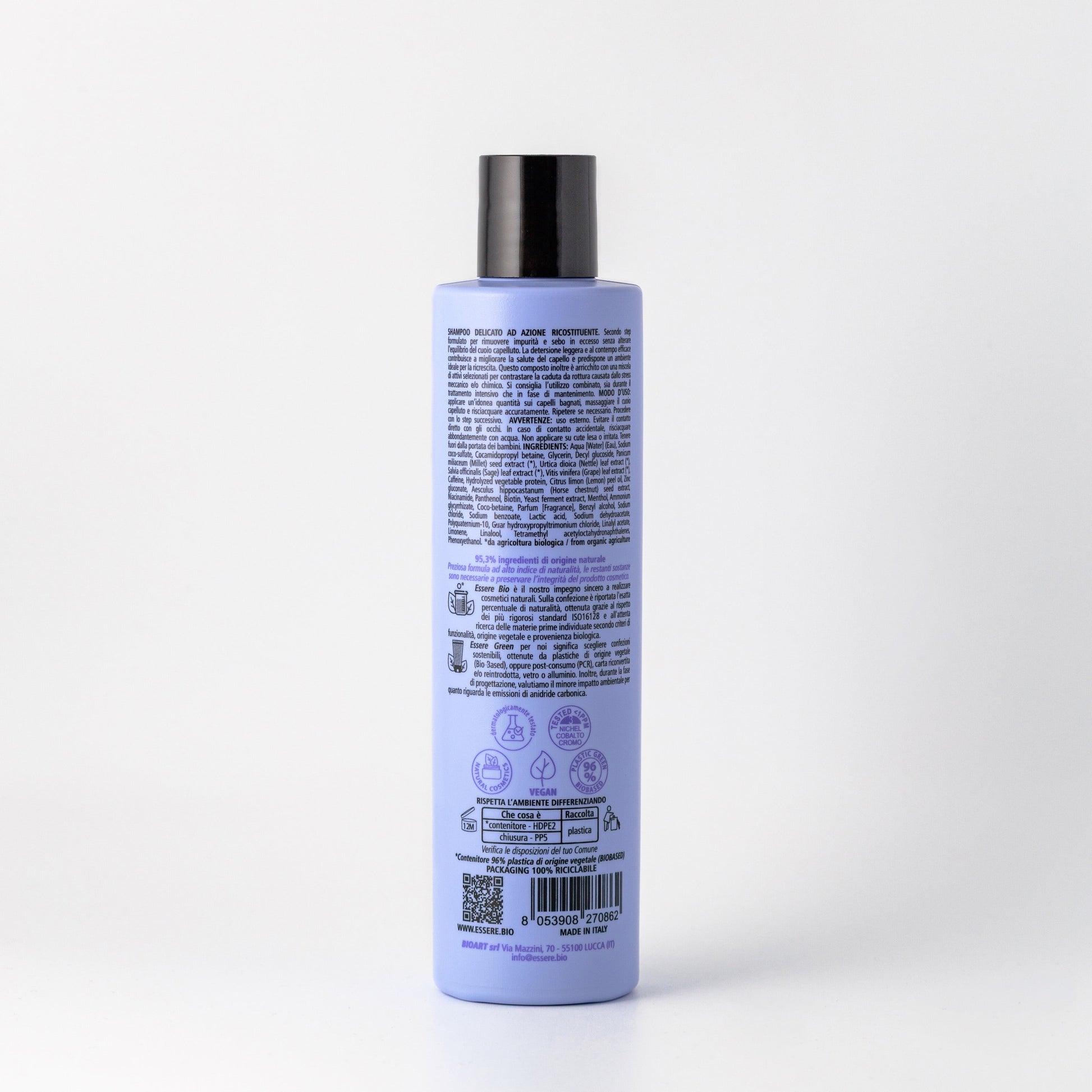 Retro dello Shampoo Ricostituente Essere Bio 250 ml con INCI e ingredienti di origine naturale, linea Be Perfect Regrowth
