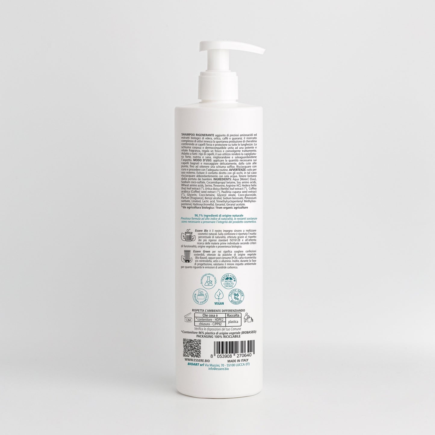 Retro dello Shampoo Rigenerante Aminoacidi Essere Bio 500 ml con INCI e ingredienti di origine naturale, Be Hair Mazing