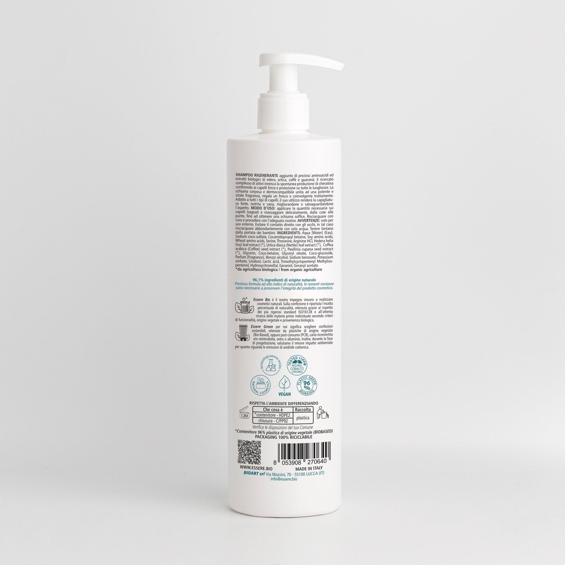 Retro dello Shampoo Rigenerante Aminoacidi Essere Bio 500 ml con INCI e ingredienti di origine naturale, Be Hair Mazing