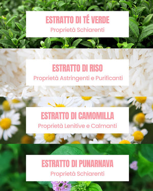 Essere Bio Skin Perfect actives: brightening green tea, rice, chamomile and punarnava extracts