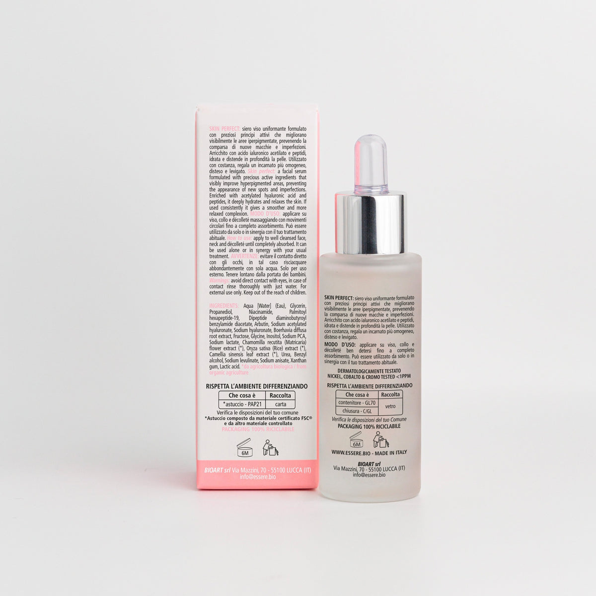 Back of the Essere Bio Skin Perfect 30 ml bottle with INCI and 97.2% natural origin ingredients