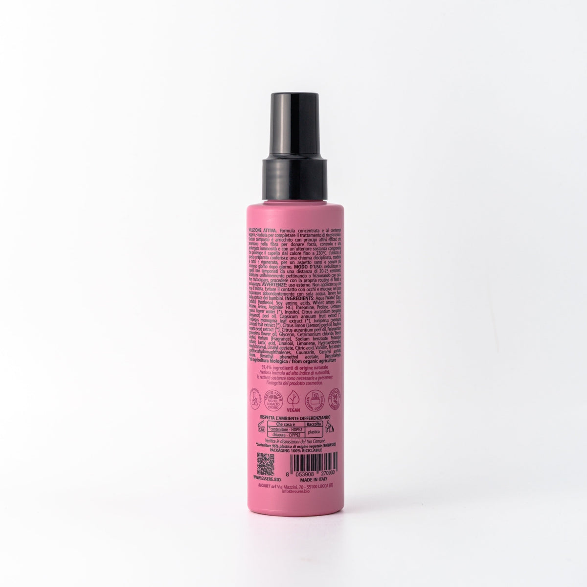 Back of the Essere Bio Active Solution 150 ml with INCI and natural origin ingredients, Be Perfect Repair line