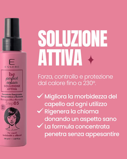 Benefici della Soluzione Attiva Essere Bio: termoprotezione fino a 230° e più morbidezza del capello ad ogni utilizzo
