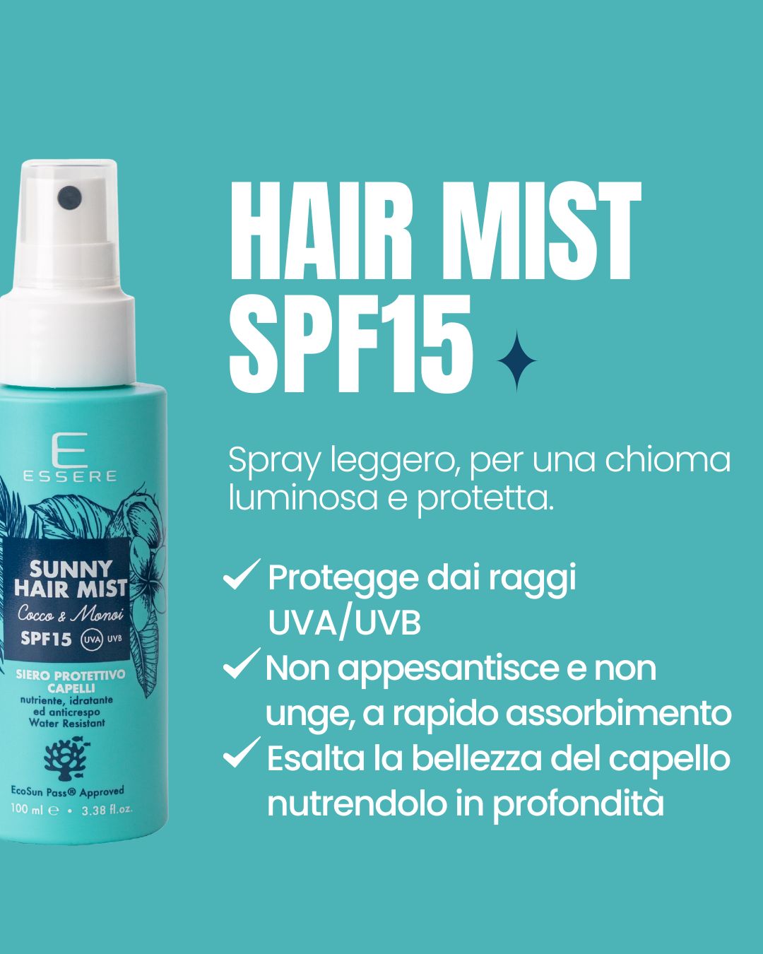 Benefici del Sunny Hair Mist SPF 15 Essere Bio: spray leggero che protegge e nutre la chioma senza ungere