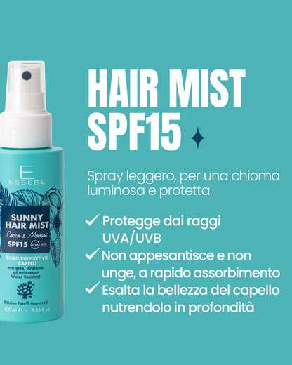 Benefici del Sunny Hair Mist SPF 15 Essere Bio: spray leggero che protegge e nutre la chioma senza ungere