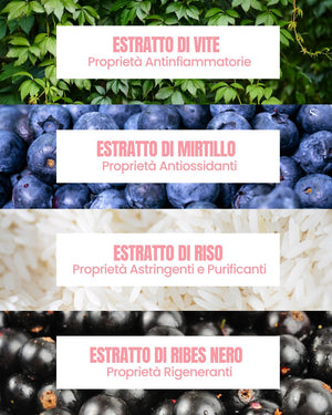 Essere Bio Sweet Sugar actives: exfoliating and soothing grape leaf, blueberry, rice and black currant extracts