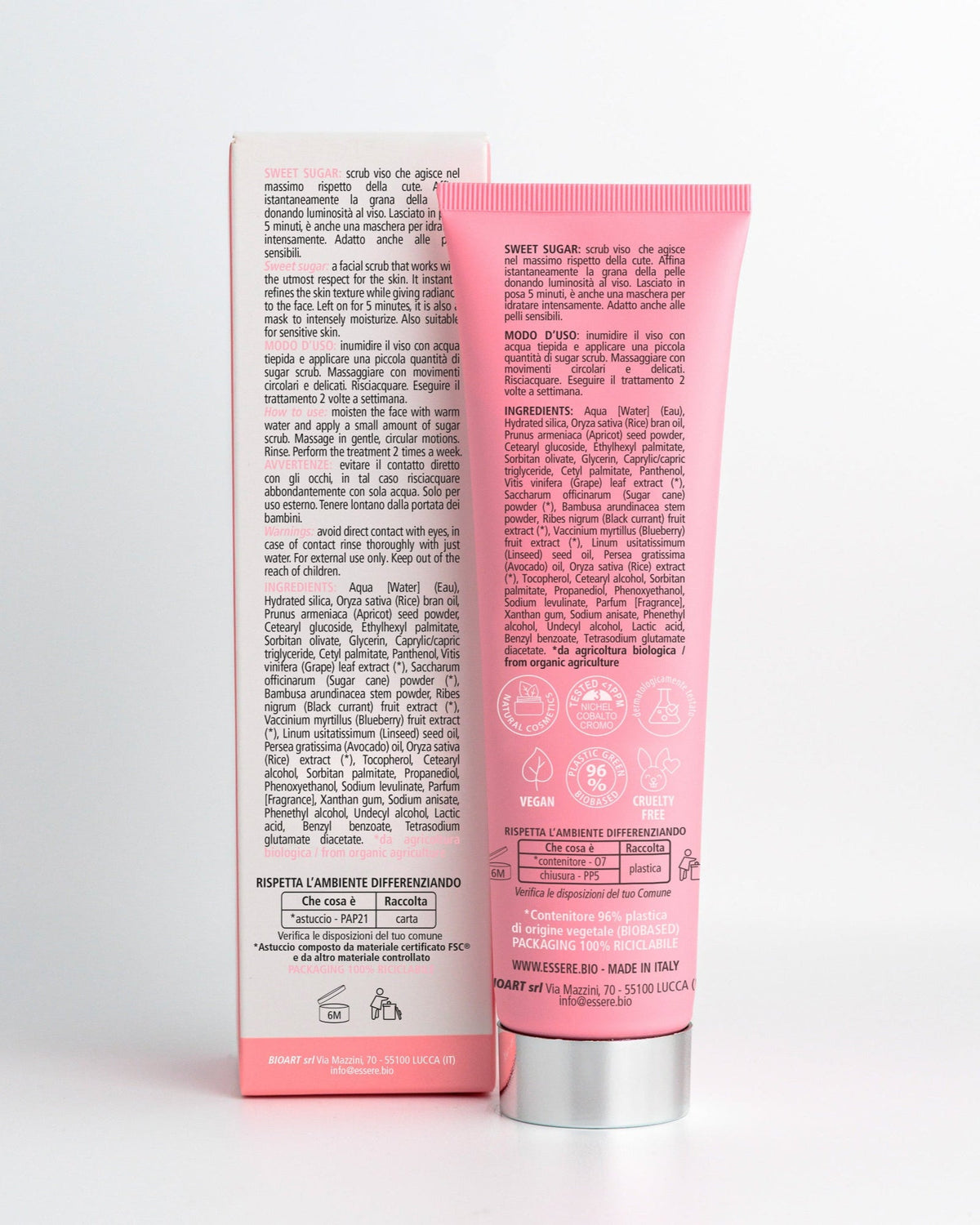 Back of the Essere Bio Sweet Sugar 150 ml tube with INCI and 96.9% natural origin ingredients