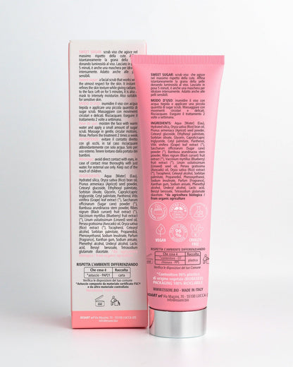 Retro del tubo Sweet Sugar Essere Bio 150 ml con INCI e 96,9% di ingredienti di origine naturale