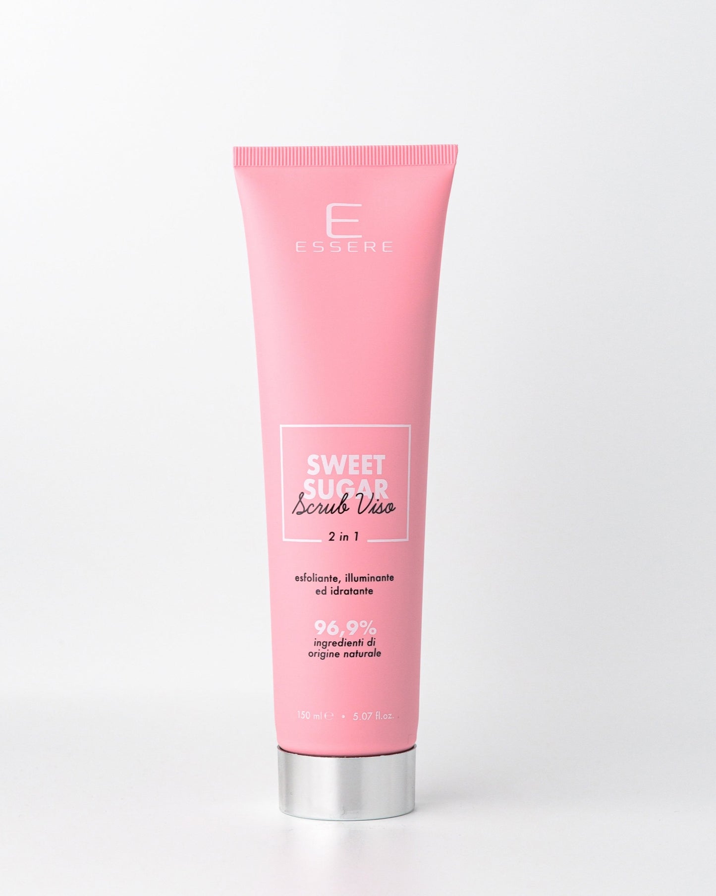 Tubo di Essere Bio Sweet Sugar scrub viso 2 in 1 da 150 ml Be Beauty, vista frontale su fondo chiaro