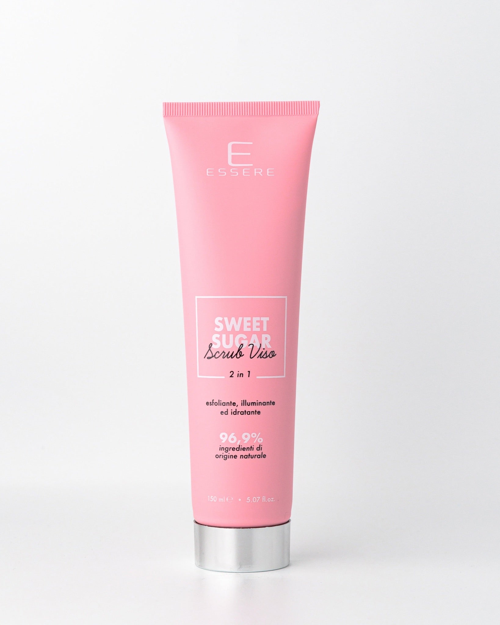 Tubo di Essere Bio Sweet Sugar scrub viso 2 in 1 da 150 ml Be Beauty, vista frontale su fondo chiaro