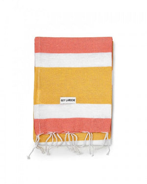 Guy Laroche beach towel for Essere Bio, orange and yellow cotton stripes, folded on a white background