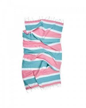 Guy Laroche beach towel for Essere Bio, pink and aqua green cotton stripes, laid flat on a white background