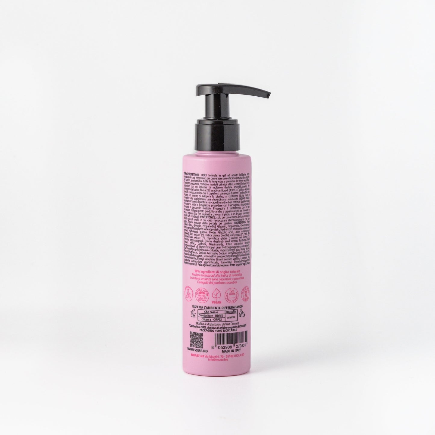 Retro del Termoprotettore Lisci Essere Bio 150 ml con INCI e ingredienti di origine naturale