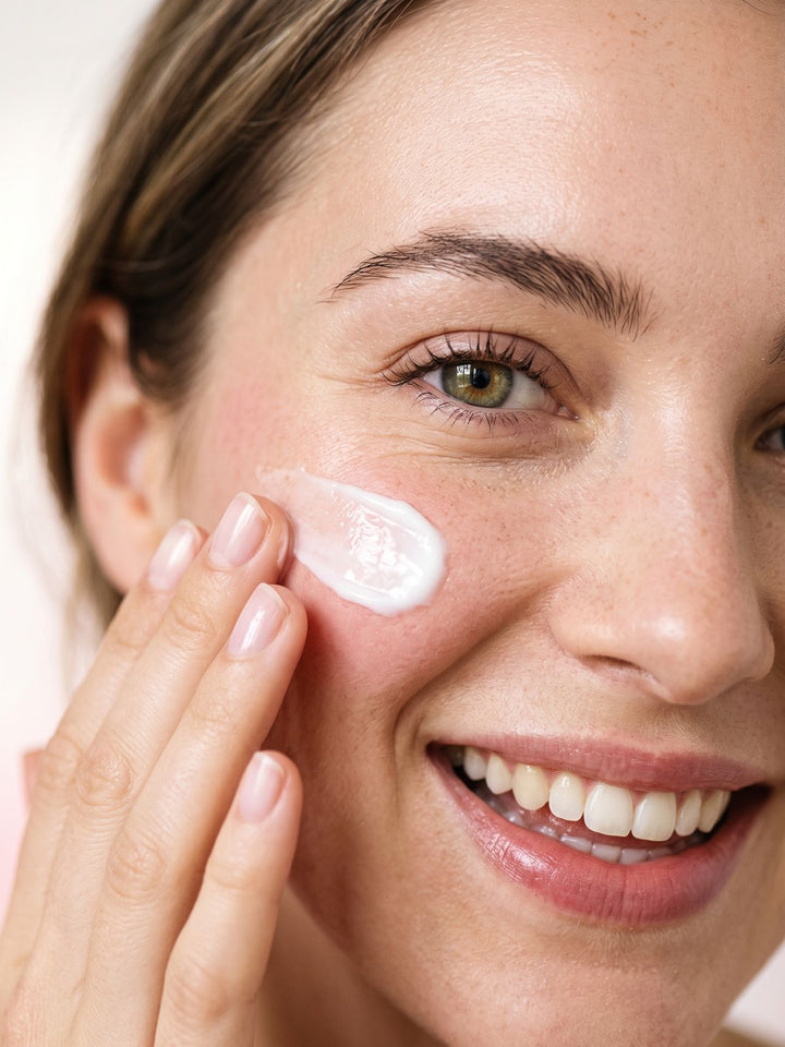 Essere Bio — crema viso naturale stesa sullo zigomo con i polpastrelli, macro della pelle luminosa